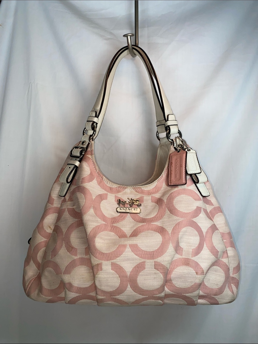 Coach Madison Op Art Shantung Maggie Pink and Cream Signature Shoulder Bag